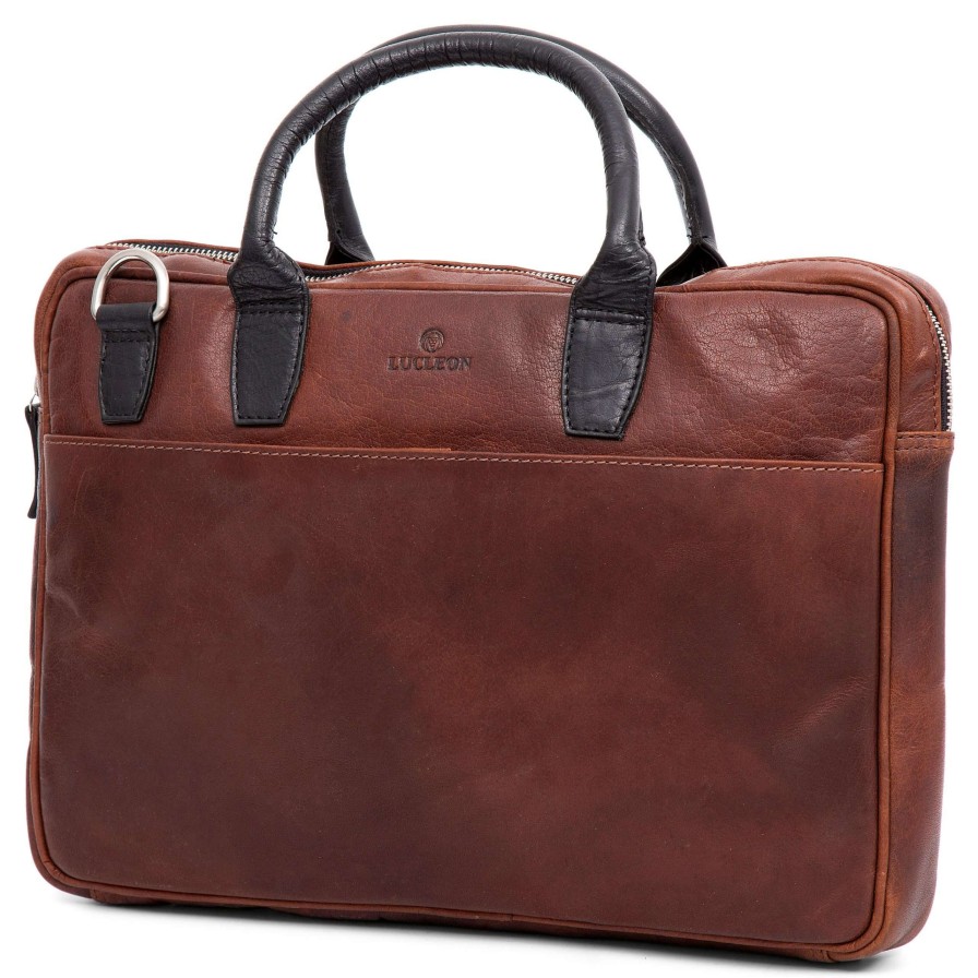 Bags * | Promo Lucleon Montreal Slim 13 Executive Tan & Black Leather Bag