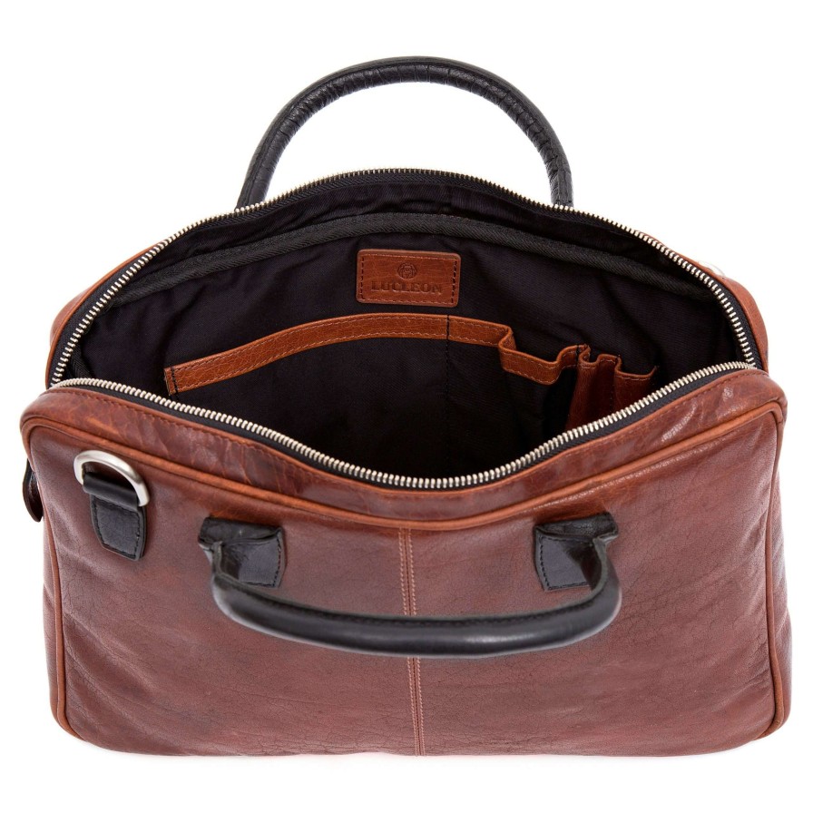 Bags * | Promo Lucleon Montreal Slim 13 Executive Tan & Black Leather Bag