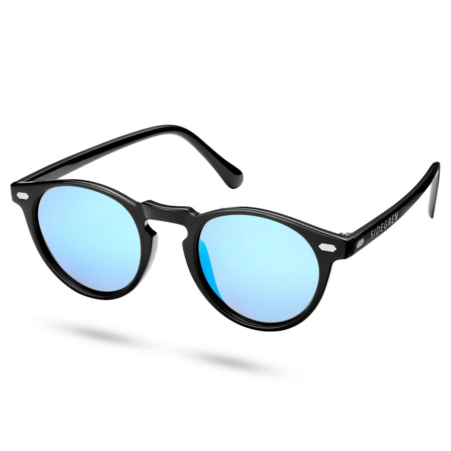 Sunglasses * | Promo Sidegren Retro Round Black & Baby Blue Polarised Sunglasses