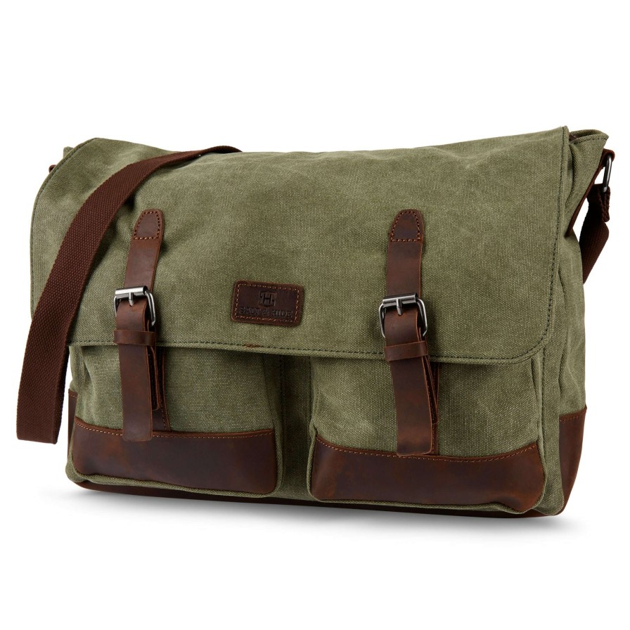 Messenger Bags * | Budget Salt & Hide Tarpa | Olive Green Canvas & Dark Brown Leather Laptop Bag