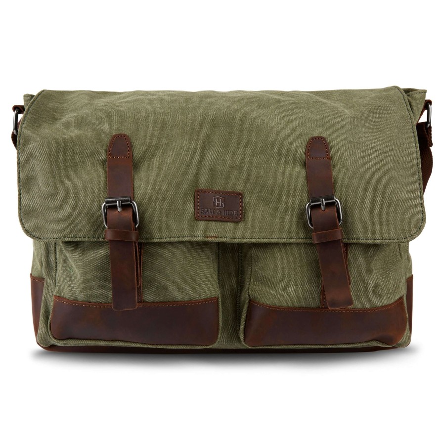 Messenger Bags * | Budget Salt & Hide Tarpa | Olive Green Canvas & Dark Brown Leather Laptop Bag