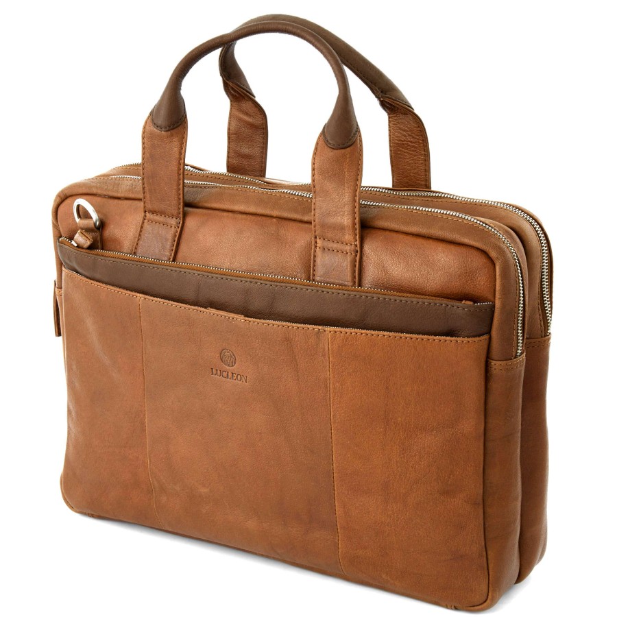 Bags * | Promo Lucleon California | Tan & Dark Brown Leather Laptop Bag