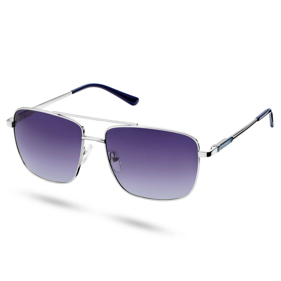 Sunglasses * | Wholesale Seizmont Silver-Tone & Dark Violet Gradient Stainless Steel Polarised Square Aviator Sunglasses