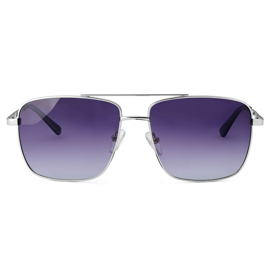 Sunglasses * | Wholesale Seizmont Silver-Tone & Dark Violet Gradient Stainless Steel Polarised Square Aviator Sunglasses