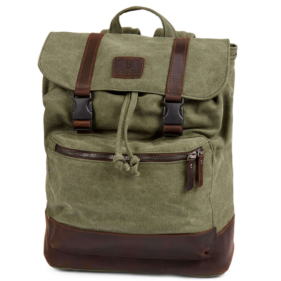 Bags * | New Salt & Hide Tarpa | Olive Green Canvas & Dark Brown Leather Backpack