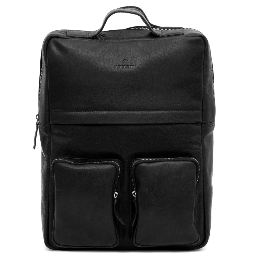 Bags * | Deals Lucleon Montreal | Black Retro Leather Backpack