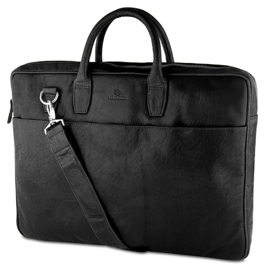 Bags * | Best Deal Lucleon Montreal | Executive Black Double Zip Leather Bag