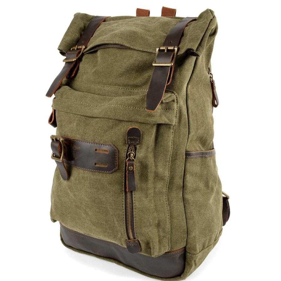 Bags * | Best Sale Convey Olive Green Canvas & Taupe Leather Backpack