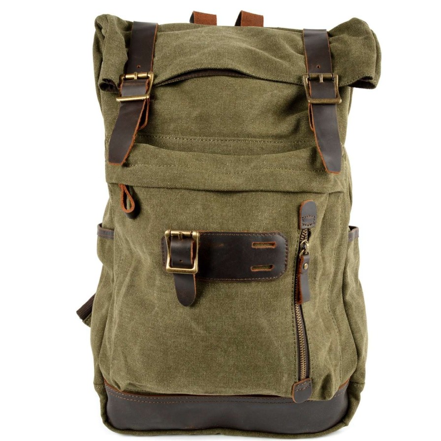 Bags * | Best Sale Convey Olive Green Canvas & Taupe Leather Backpack