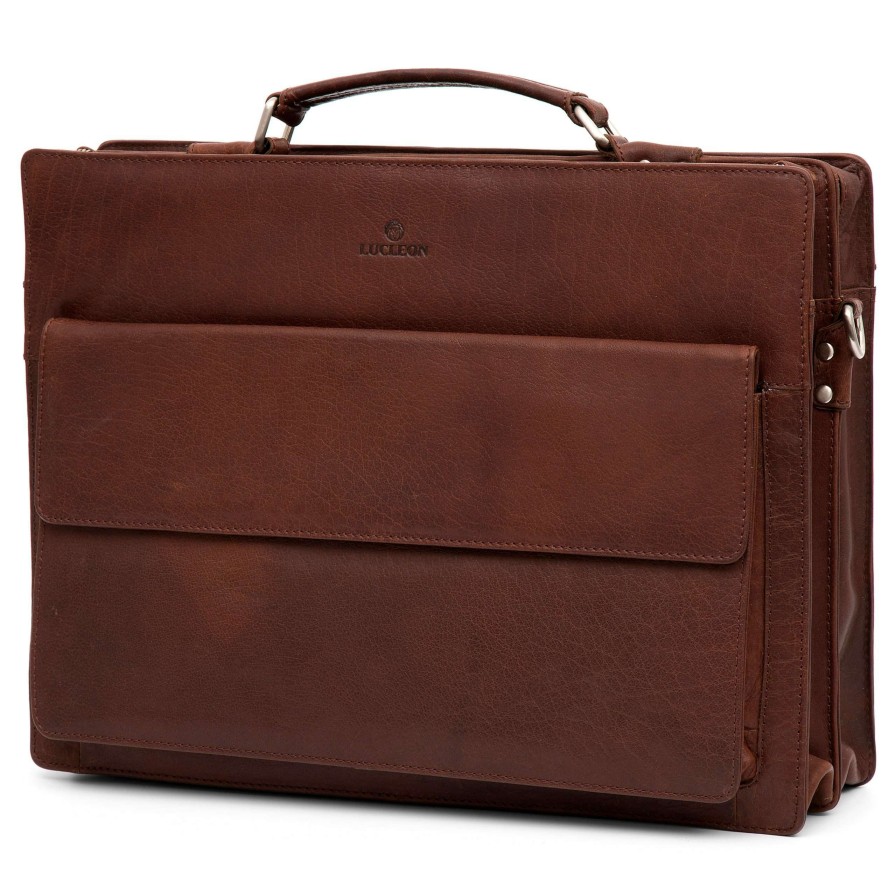 Bags * | Cheapest Lucleon Montreal | Compact Tan Leather Briefcase