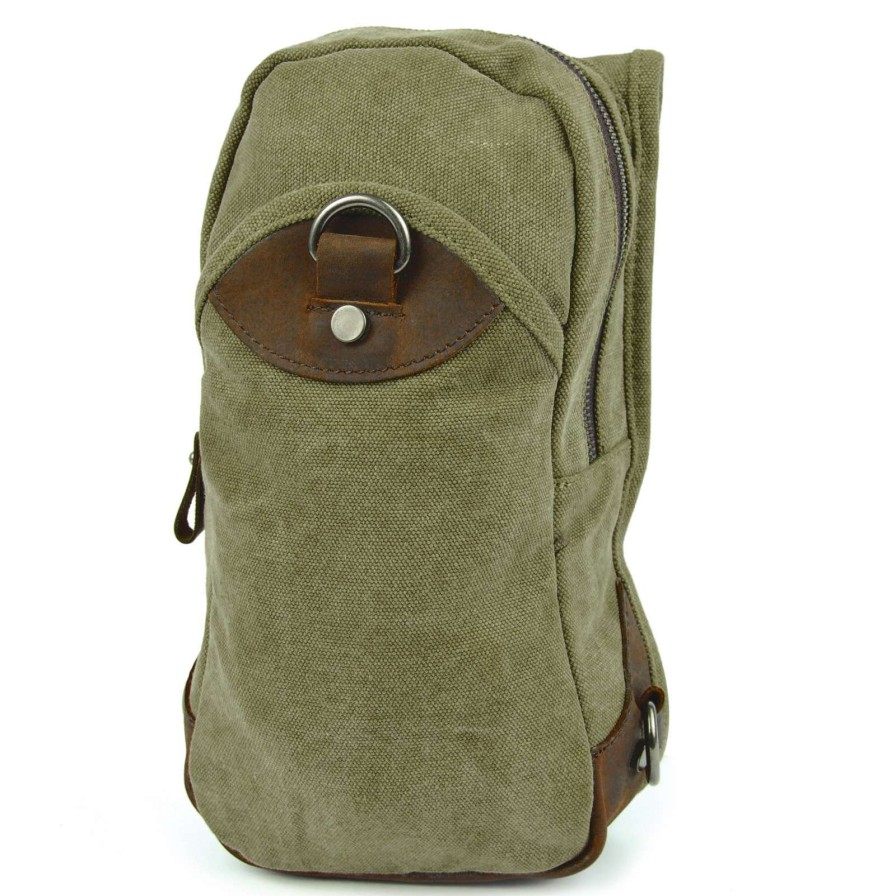 Messenger Bags * | Best Deal Convey Army Green Canvas & Brown Leather Shoulder Bag