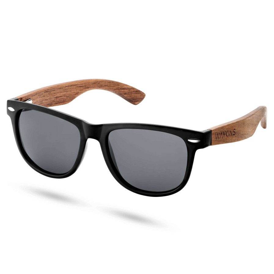 Sunglasses * | Hot Sale Waykins Black & Brown Wood Polarised Retro Sunglasses