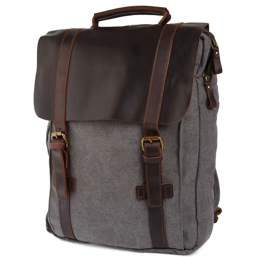 Bags * | Best Reviews Of Convey Graphite Canvas & Dark Brown Leather Backpack