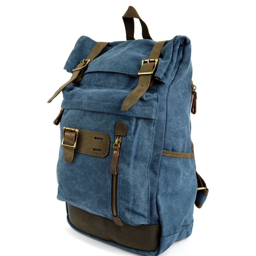 Bags * | Best Pirce Convey Light Blue Canvas & Brown Leather Backpack