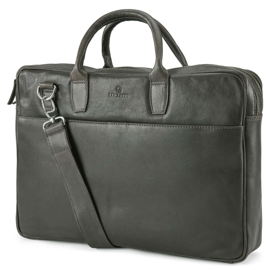 Laptop Bags * | Best Sale Lucleon Licio | Executive Brown Gray Double Zip Leather Bag