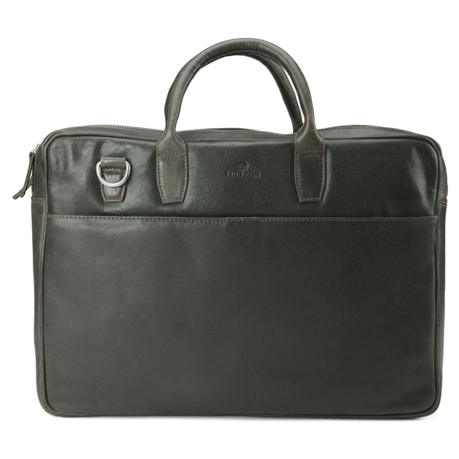 Laptop Bags * | Best Sale Lucleon Licio | Executive Brown Gray Double Zip Leather Bag