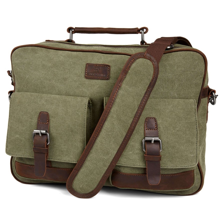 Messenger Bags * | Wholesale Salt & Hide Tarpa | Olive Green & Dark Brown Canvas Messenger Bag