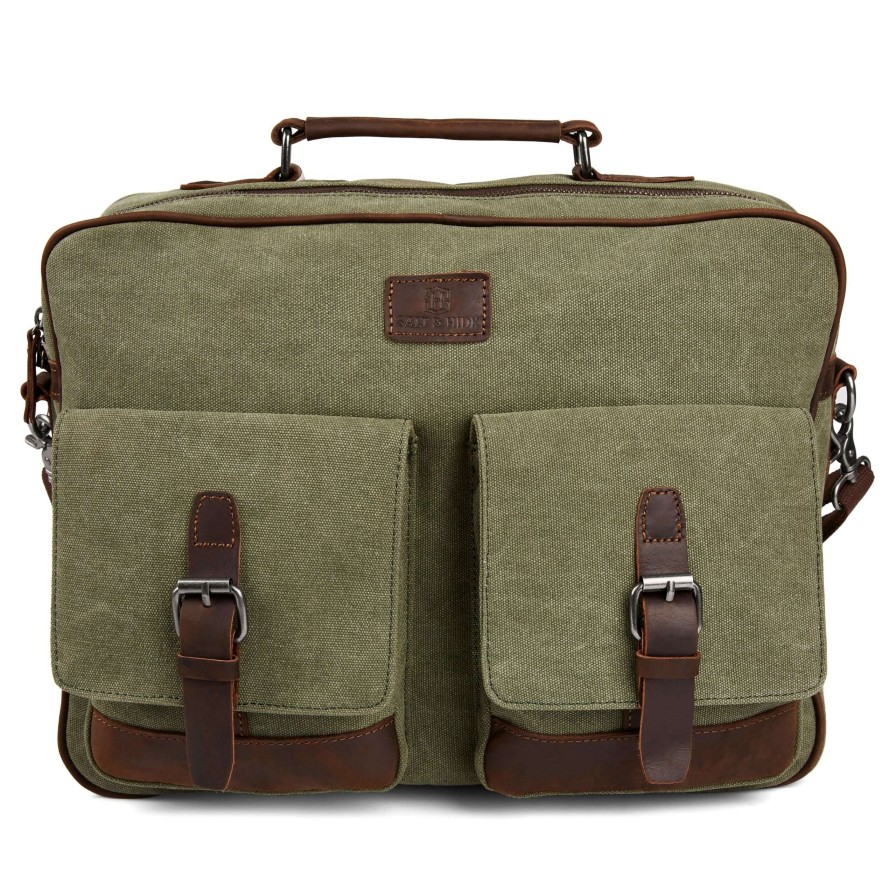 Messenger Bags * | Wholesale Salt & Hide Tarpa | Olive Green & Dark Brown Canvas Messenger Bag