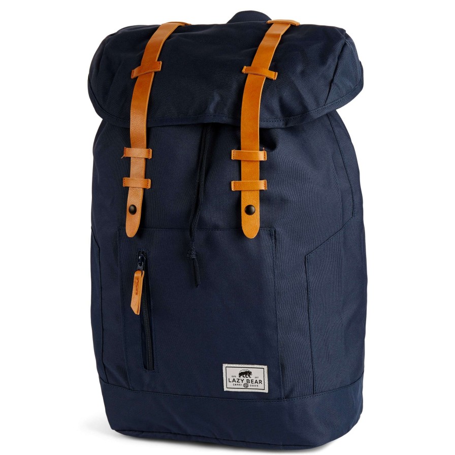 Bags * | Best Reviews Of Lazy Bear Lewis | Navy Blue Polyester & Faux Leather Retro-Adventure Backpack