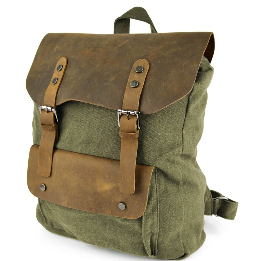 Bags * | Promo Delton Bags Olive Green Canvas & Dark Earth Leather Pull-Up Backpack