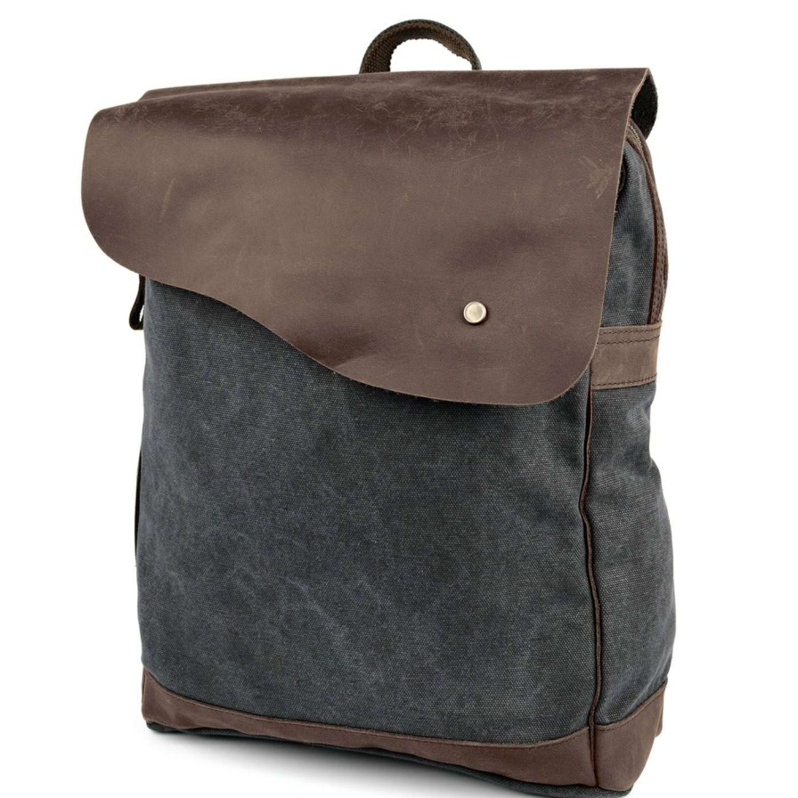 Bags * | Promo Convey Charcoal Canvas & Dark Brown Leather Backpack