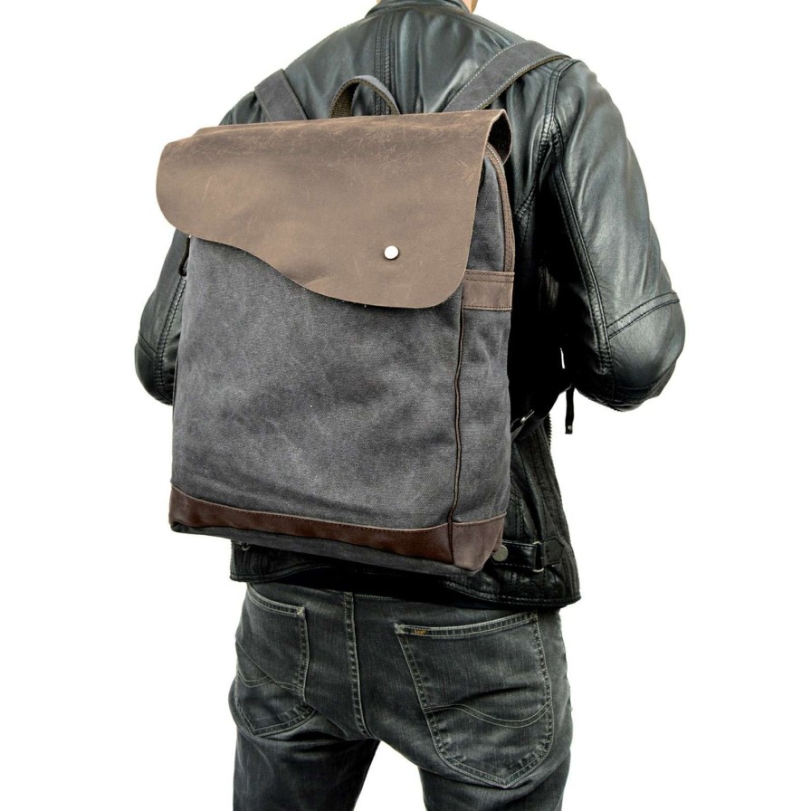 Bags * | Promo Convey Charcoal Canvas & Dark Brown Leather Backpack