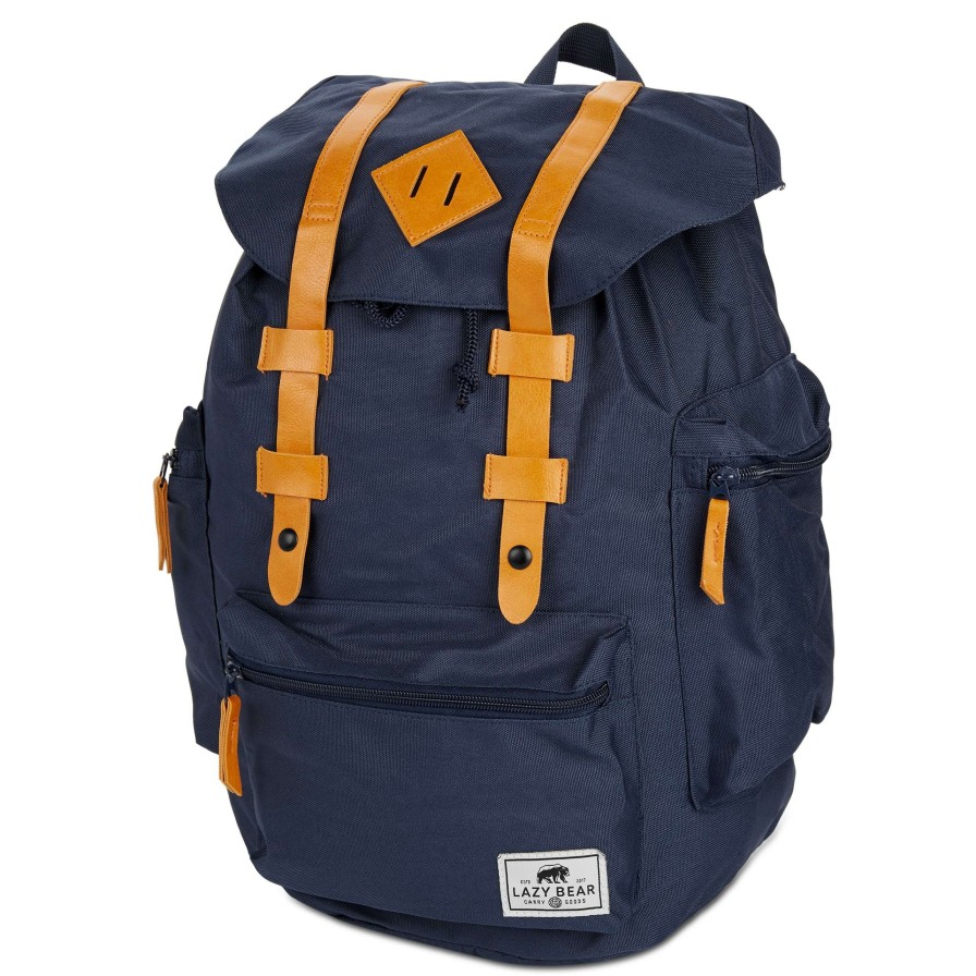 Bags * | Brand New Lazy Bear Lewis | Navy Blue Polyester & Faux Leather Adventure Backpack