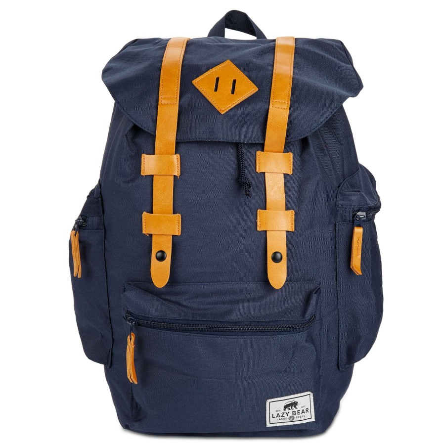 Bags * | Brand New Lazy Bear Lewis | Navy Blue Polyester & Faux Leather Adventure Backpack