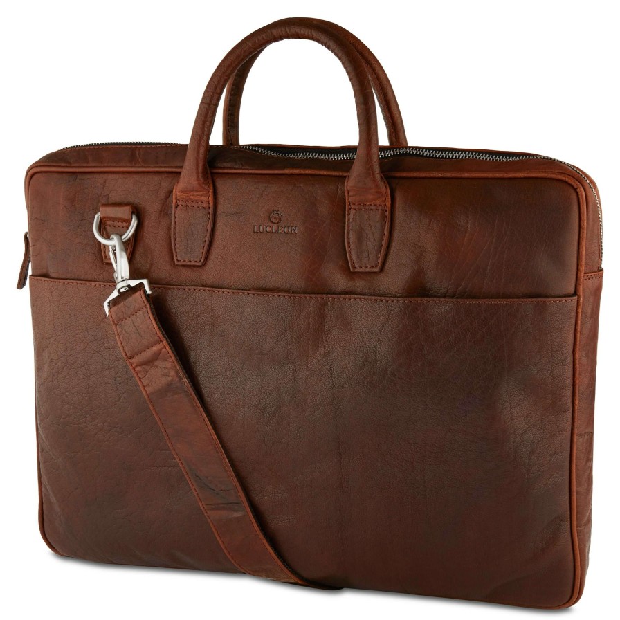 Bags * | Outlet Lucleon Montreal | Double Zip Executive Tan Leather Bag