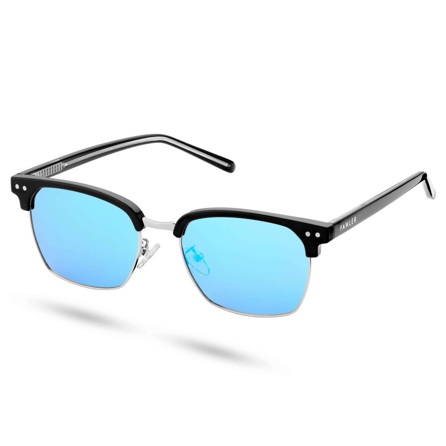 Sunglasses * | Cheap Fawler Black & Blue Stainless Steel Polarised Sunglasses