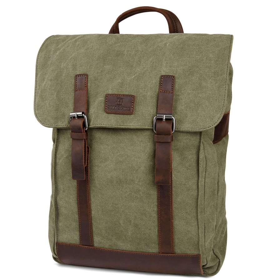 Bags * | Promo Salt & Hide Tarpa | Classic Olive Green Canvas & Brown Leather Backpack