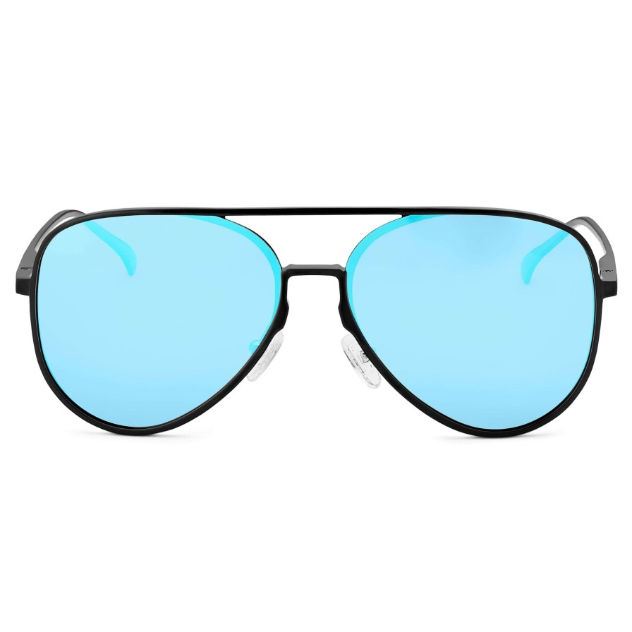 Sunglasses * | Cheap Lucleon Black & Sky Blue Polarised Aluminum Aviator Sunglasses