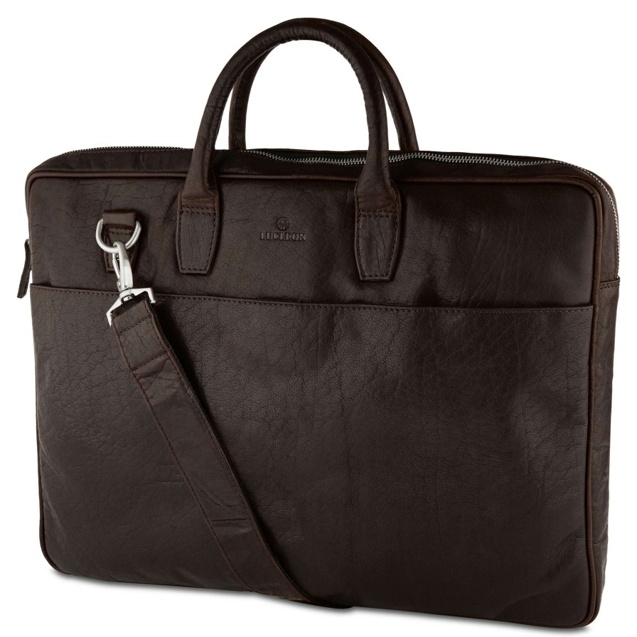 Bags * | New Lucleon Montreal | Executive Dark Brown Double Zip Leather Laptop Bag