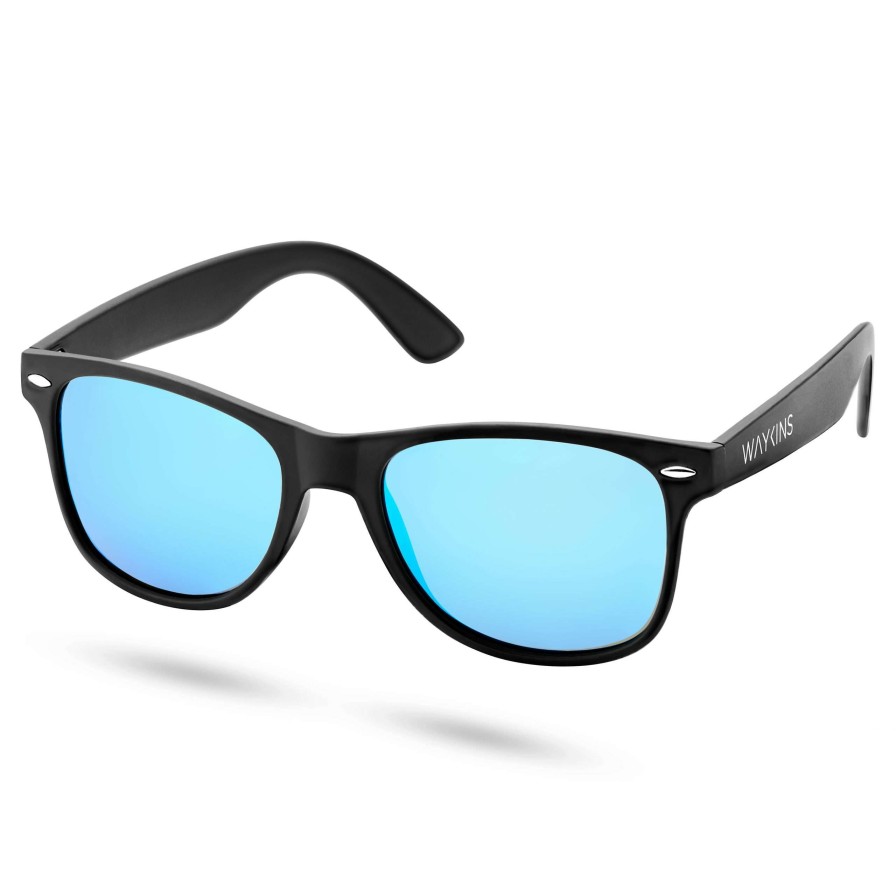 Sunglasses * | Best Sale Waykins Black & Sky Blue Polarised Retro Sunglasses