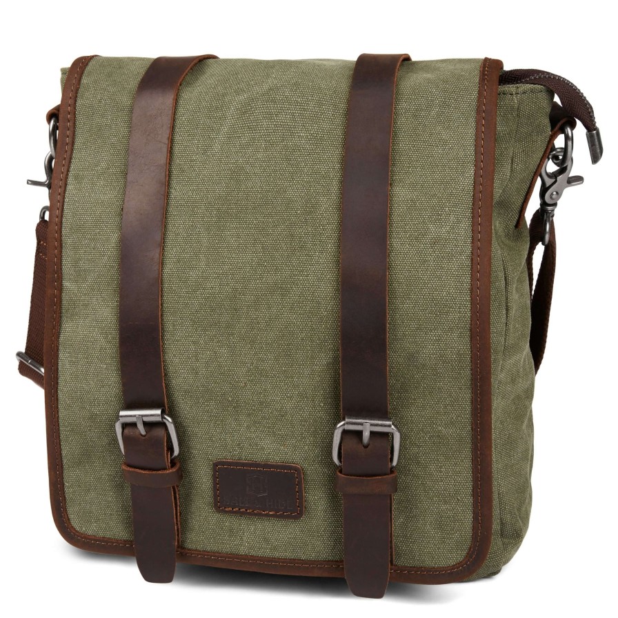 Messenger Bags * | Flash Sale Salt & Hide Tarpa | Slim Green Canvas & Brown Leather Messenger Bag