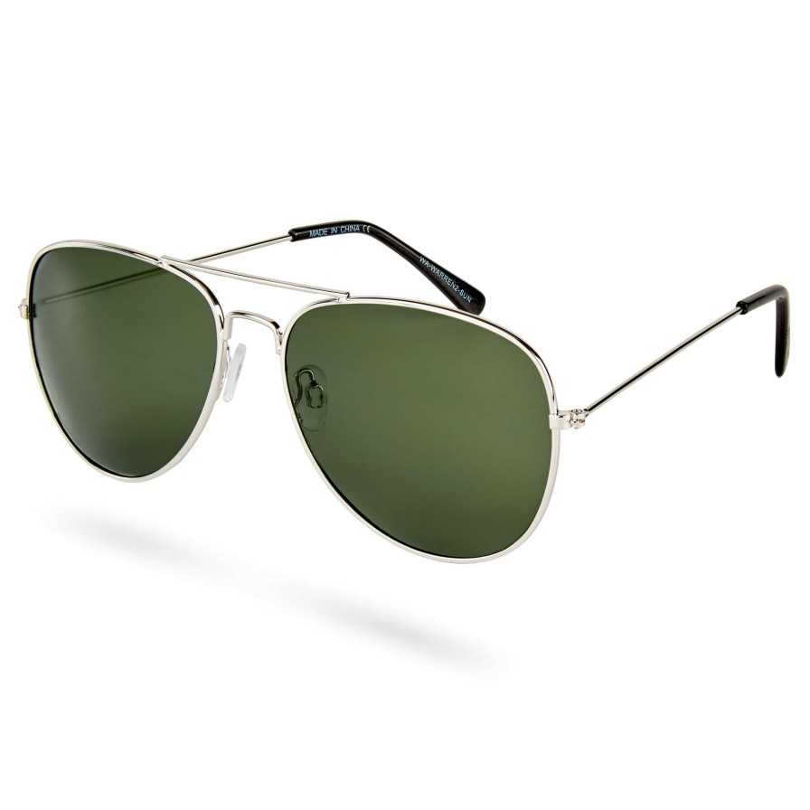 Sunglasses * | Outlet Waykins Vista | Silver-Tone & Olive Green Aviator Sunglasses