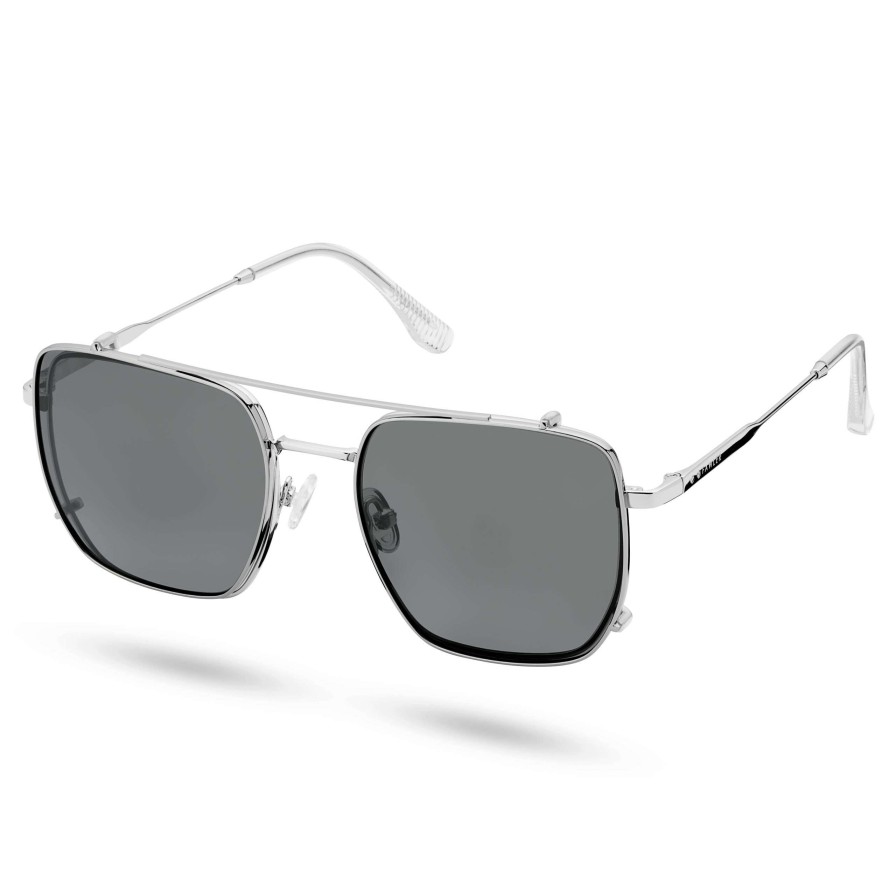 Sunglasses * | Promo Fawler Stainless Steel Blue Light Blocking Clear Lens Glasses With Polarised Clip-On Shades